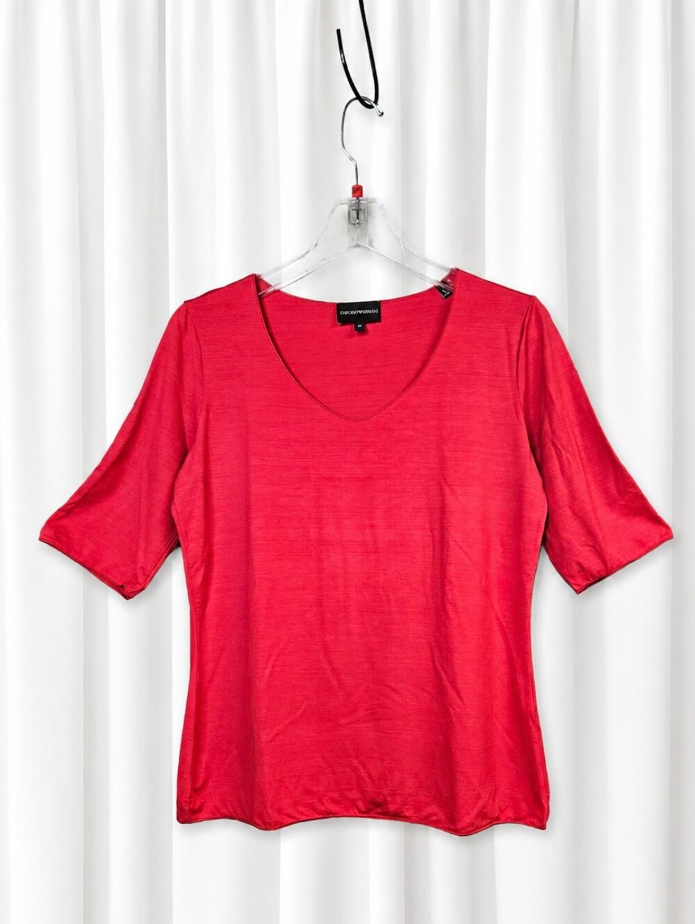 Emporio Armani True Red Silky Stretch Knit Elbow Sleeves Designer Luxury Blouse